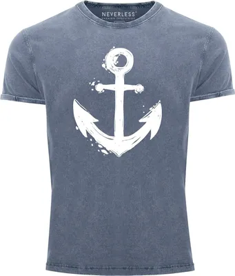 Produktbild von Herren Vintage Shirt mit Anker Motiv Printshirt T-Shirt Aufdruck Used Look Slim Fit Neverless® blau L