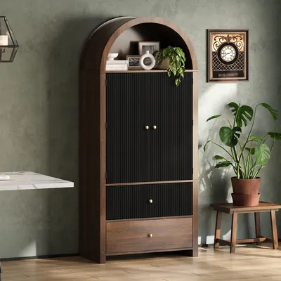 Immagine prodotto di Mobile a 2 ante con 2 cassetti e ripiano superiore aperto, mobile da cucina, mobile alto 80x40x180 cm, effetto noce