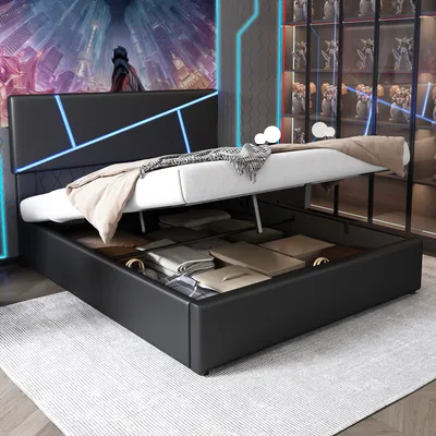 Produktbild von Flieks Polsterbett 140x200cm mit LED, Boxspringbett Jugendbett mit Lattenrost, Stauraumbett Doppelbett Massivholzbett, PU, Schwarz