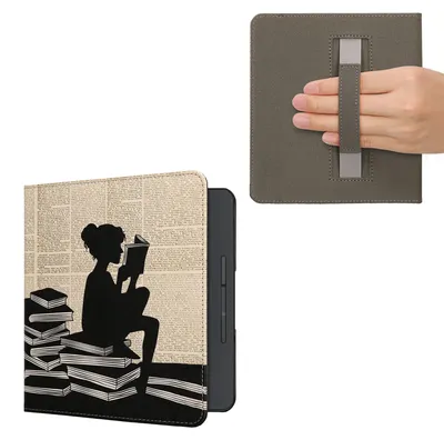 Produktbild von kwmobile Schutzhülle für Kobo Forma Hülle - eReader Flip Case mit Handschlaufe und Auto Sleep Funktion - Lesende Frau mit Schwarz Beige