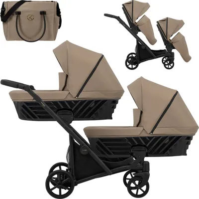 Produktbild von Kinderwagen IVENTO DUO 2 in 1 Komplettset Zwillingskinderwagen Geschwisterwagen Zwillingsbuggy Doppelkinderwagen (Caramel, Rahmenfarbe: schwarz)
