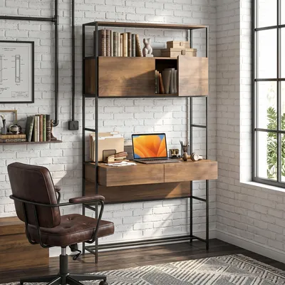Produktbild von Computertisch Homeoffice, Schreibtisch mit Regal und 2 Schubladen, Holzoptik Braun | Kippsicherung | 100 x 45 x 185 cm