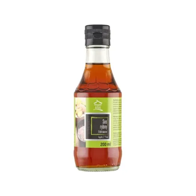 A bottle of fish sauce on a white background.