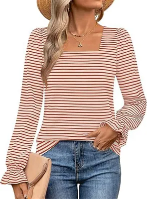 Produktbild von ASKSA Damen Langarm T-Shirt Gestreifte Quadratischer Ausschnitt Puffaermel Herbst Elegant Casual Tunika Oberteile (Dunkelrosa,L)