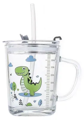Zdjęcie produktu dla Szklanka do picia, 400 ml, z pokrywką i słomką, motyw: zielony dinozaur
