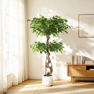 Productafbeelding van Eiku Kunstplant, kunstmatige ficusboom, 120 cm hoog, met een witte pot, groene bladeren