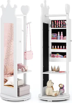 Produktbild von DREAMADE 3-in-1 Kinder-Schmuckschrank, 360° drehbarer freistehender Schmuckschrank mit Ganzkörperspiegel & Kleiderständer, Spiegelschrank, Weiß