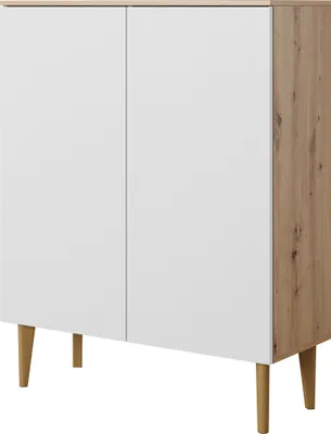 Produktbild von BERGEN , Standkommode, Schrank mit Türen, Wohnzimmerkommode, 100x123x37, Eiche ARTISAN, natur beine Holzbeine, skandinavischer Stil, weiße Fronten