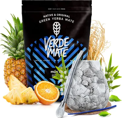 Obrázek produktu pro Verde Mate – Sada na čaj mate Más IQ 500 g – Keramický hrnek na mate Marmol Blanco, bílý, 300 ml – Silné lístky, 5 mm – Přírodní povzbuzující prostředek – Bombilla
