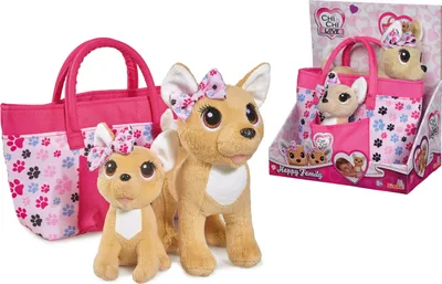 Immagine prodotto di ChiChi LOVE Happy Family - peluche Chihuahua di diverse dimensioni con fiocchi, borsa con impronte di zampe di cane