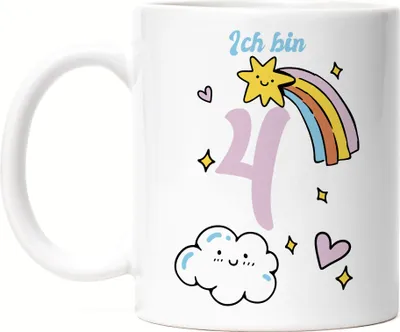 Produktbild von 4 Jahre alt Kindergeburtstag Tasse weiß süße Motive Kinder Milchkanne Happy Birthday Alles Liebe zum Geburtstag