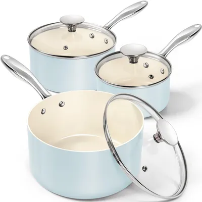 Productafbeelding van MICHELANGELO 3-delige pannenset met lange steel, 1 liter, 2 liter, 2,8 liter, keramische antiaanbaklaag, lichtblauw