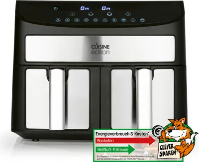 An energy efficiency label and a cartoon fox promoting savings are shown in front of a dual-chamber air fryer.