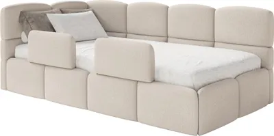 Produktbild von Selsey Cloudy – Kinderbett 120x200, Kopfteil links, Matratze & Bettkasten, Chenille Cremeweiß