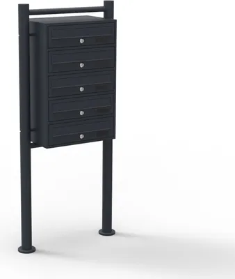 Produktbild von Wiltec 5er Briefkastenanlage schwarz 556 x 270 x 1500 mm, Standbriefkasten mit 5 Fächern, Schlüssel und Namensschild, Briefkasten Postkasten mit Ständer
