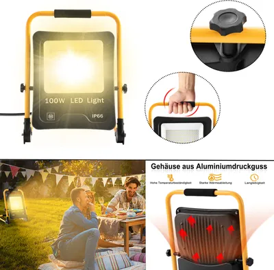 Image de Projecteur de chantier NAIZY LED Projecteur 100W blanc chaud avec trépied et prise jaunes - Projecteur de travail LED étanche IP66 pour l'intérieur et l'extérieur