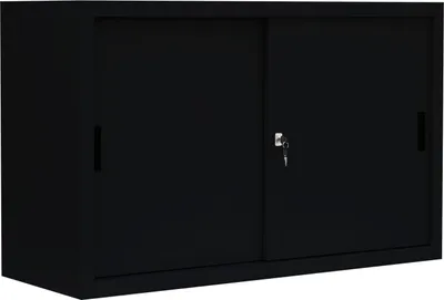 A black sliding door cabinet on a white background.