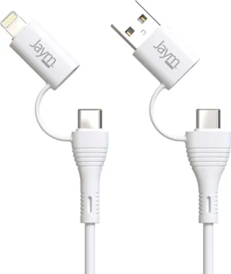 Imagen del producto de Cable USB Jaym, 4 en 1, 3A, con conectores Lightning/USB-C, carga rápida de 60W, resistente, color blanco