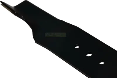 A close-up, angled view of a black lawnmower blade against a white background.