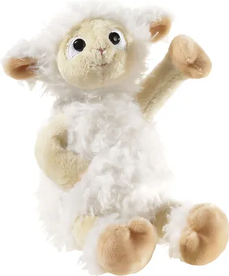 A plush toy sheep sitting and waving.