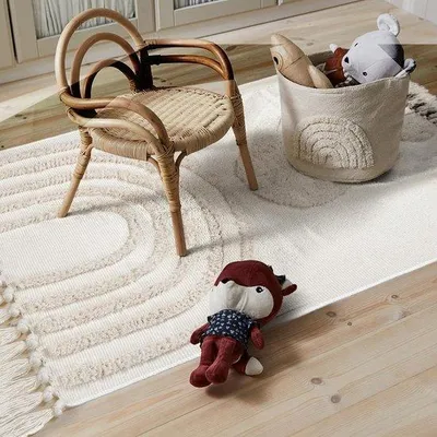 Productafbeelding van Boheemse vloerkleed, 90 x 150 cm - Beige met regenboogmotief