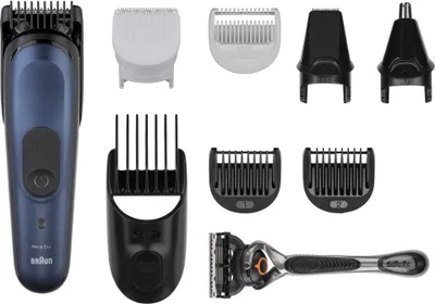 A collection of grooming tools and accessories laid out on a white background.