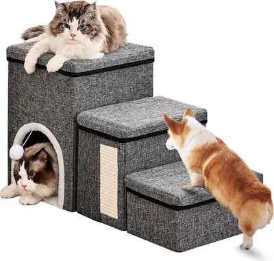 Produktbild von Hundetreppe & Katzentreppe - 3-Stufen Treppe - Faltbar - Mit Höhle - Rutschfester Boden - Für Bett & Sofa - Holz - Dunkelgrau