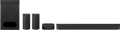 A set of black audio equipment, including a soundbar, subwoofer, and rear speakers, arranged on a white background.