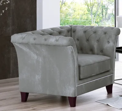 Produktbild von S-STYLE MÖBEL - Zephyr - Chesterfield Sessel aus Grau Samt-Stoff mit Holzfüßen, B/T/H: 116 cm / 82 cm / 75 cm