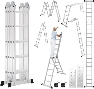Productafbeelding van 4x5 multifunctionele ladder, aluminium, 582 cm. Multifunctionele klapladder met 2 platforms en 2 wielen, geschikt voor huishoudelijk en professioneel gebruik. 20 treden, maximale draagvermogen 150 kg