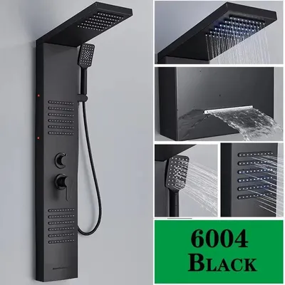 Produktbild von Regendusche Duschpaneel - LED Duschsäule mit Wasserfall - Körpermassage-Düsen - Digitales Temperaturdisplay - Wannenarmatur - 6004 Schwarz