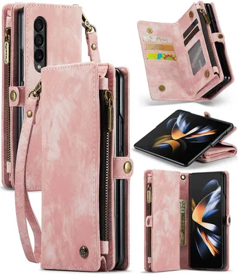 Produktbild von Schutzhülle für Galaxy Z Fold4, Vintage Multifunktions Lederhülle, Kartenfächer, Reißverschluss Hülle für Samsung Galaxy Z Fold 4 5G Pink