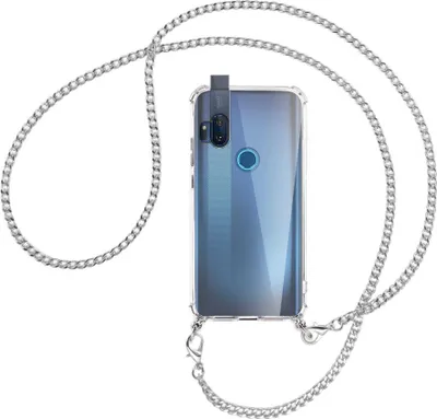 Produktbild von Handykette Backcover-Schutzhülle mit Band (Metall silberfarben) für Motorola One Hyper - silberfarbene Kette
