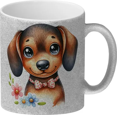 Produktbild von Dackel mit Schleife Glitzer-Kaffeebecher
