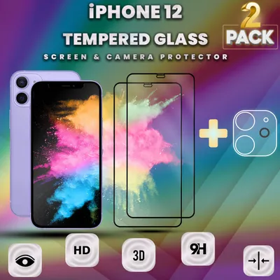 Produktbild von 2-Pack iPhone 12 Displayschutzfolie & 1-Pack Kameraschutz - Gehärtetes Glas 9H - Super Qualität 3D