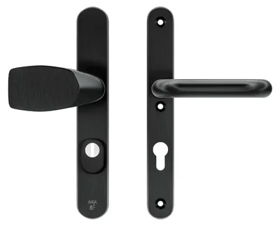 Produktbild von AXA Sicherheits Türbeschläge set - Oval Plus Smal - Türklinken mit Langschild - PC72 mit Kernziehschutz - Kruk/Knopf - Aluminium