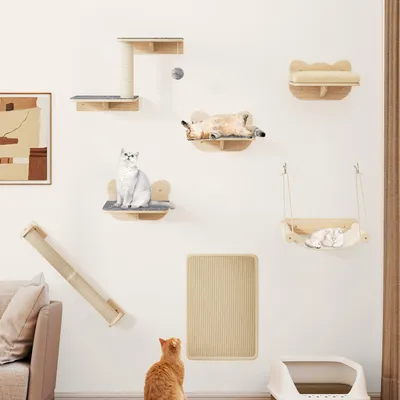 Produktbild von Katzenkletterwand 7tlg. Set, Stabiler Holz Katzenmöbel, Katzen Wandelemente mit Katzentreppe, Katzenkratzbäumen und Katzenkratzbrettern