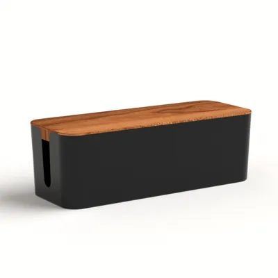 A black cable management box with a wooden lid, shown against a white background.