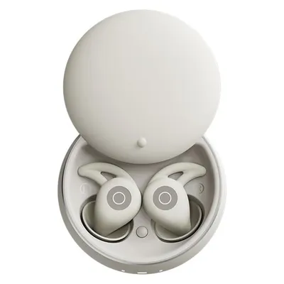 A pair of white wireless earbuds in their charging case, with the lid open.
