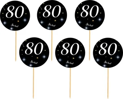 Imagen del producto de Decoración para pastel de cumpleaños número 80, con fondo negro y letras blancas, paquete de 6 unidades.