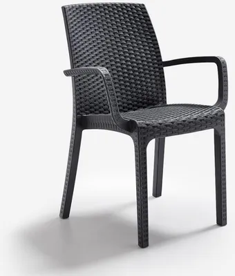 A black rattan-style armchair is shown against a white background.