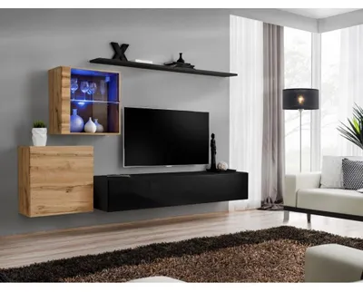 Image de Ensemble mural - Switch XV - 2 vitrines - 1 banc TV - 2 étagères - Bois et noir - Modèle 1