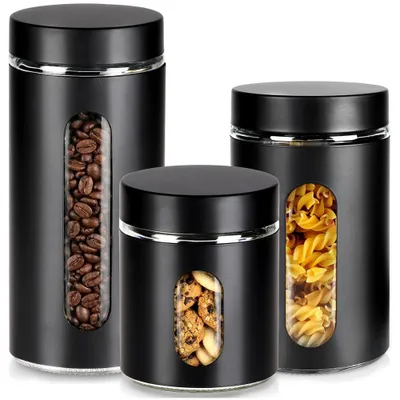 Immagine prodotto di Vilde | Barattoli in vetro 3 pz. - 650 / 1000 / 1300 ml - Barattoli in vetro con coperchio a vite - Nero