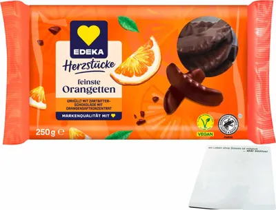 Produktbild von Edeka Herzstücke Orangetten mit Zartbitterschokolade (250g Packung) + usy Block