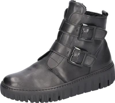 A black leather boot with buckles on a white background.