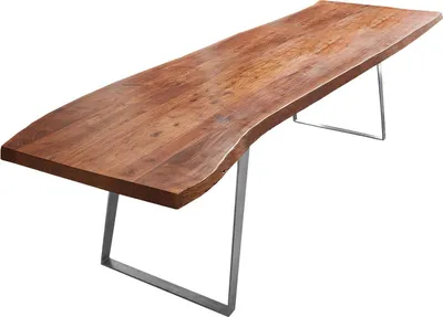 Produktbild von Esszimmertisch 280x100 cm Halmstad, Baumkantentisch nussbaumfarben, Akazienholz massiv, schräges U-Gestell aus Metall Silber