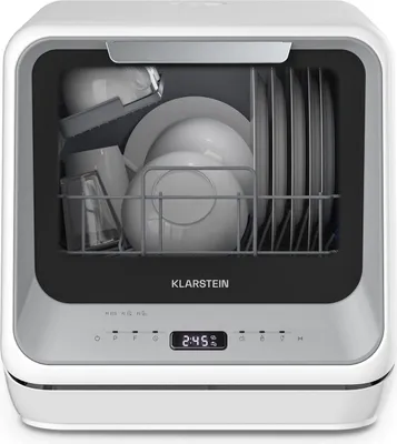 Obrázek produktu pro Klarstein Nanowash mini myčka nádobí - kompaktní stolní myčka nádobí s nádržkou na vodu, 7 programů, 5 l, digitální displej, tichá 58 dB,  přenosná pro malé kuchyně a cestování, stříbrná