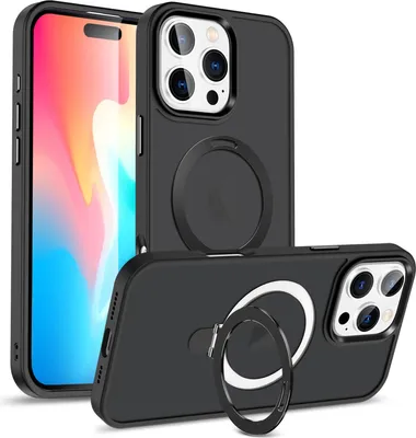 A black iPhone case with a magnetic ring for MagSafe is shown from two angles against a white background.