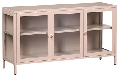 Produktbild von BELIANI Metallschrank Beige Stahl mit Glasfront 35 x 115 x 65 cm Sideboard mit Griffen 3 Türen 2 Regalböden Wohnzimmer Büro Arbeitszimmer Flur Bad