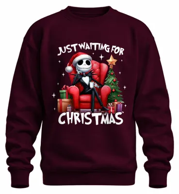 Immagine prodotto di Just Waiting For Christmas Jack Skellington Skelett Weihnachten Unisex Felpa Pullover, Borgogna, S